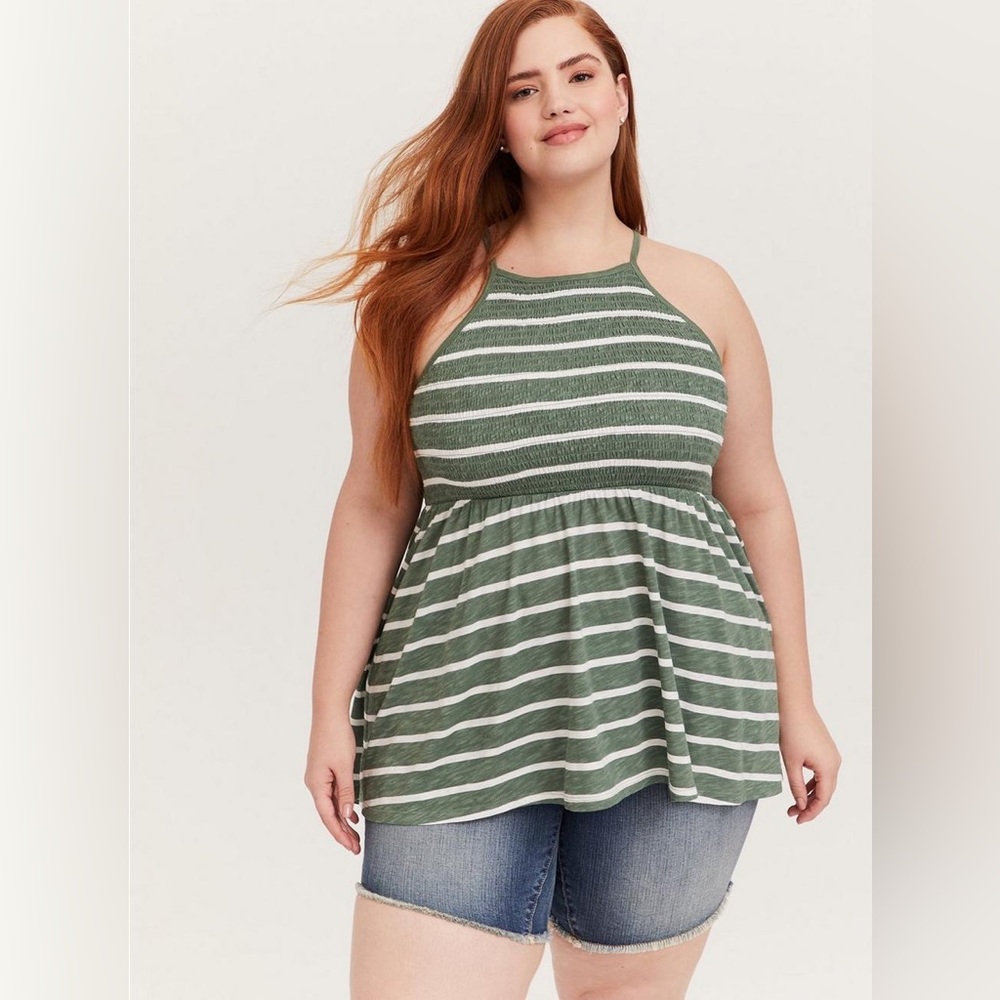 Torrid High Neck Babydoll Top Green with White Stripes Size 4X